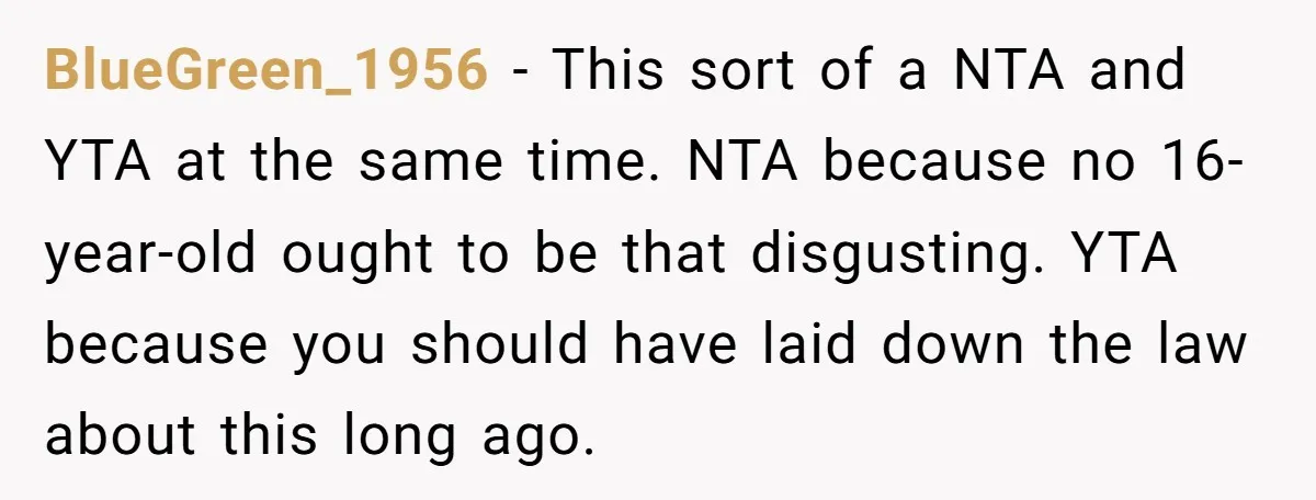 BlueGreen_1956 − This sort of a NTA and YTA at the same time. NTA because no 16-year-old ought to be that disgusting. YTA because you should have laid down the...