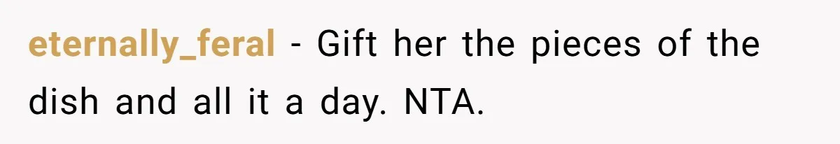 eternally_feral − Gift her the pieces of the dish and all it a day. NTA.