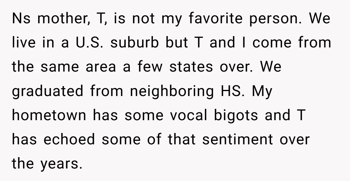 Ns mother, T, is not my favorite person. We live in a U.S. suburb but T and I come from the same area a few states over. We graduated from...