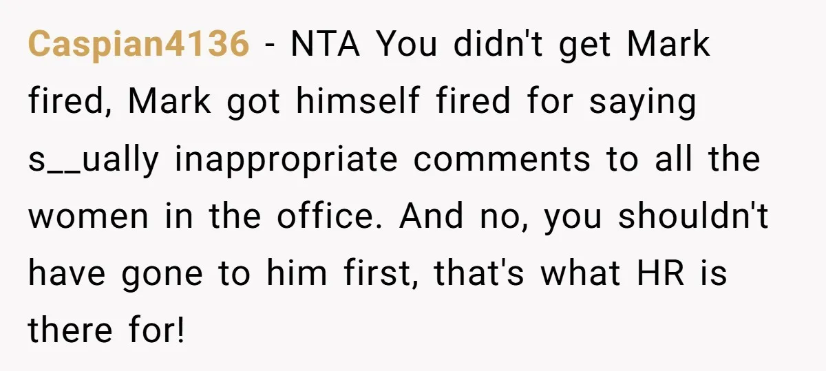 Caspian4136 − NTA You didn't get Mark fired, Mark got himself fired for saying s__ually inappropriate comments to all the women in the office. And no, you shouldn't have gone...