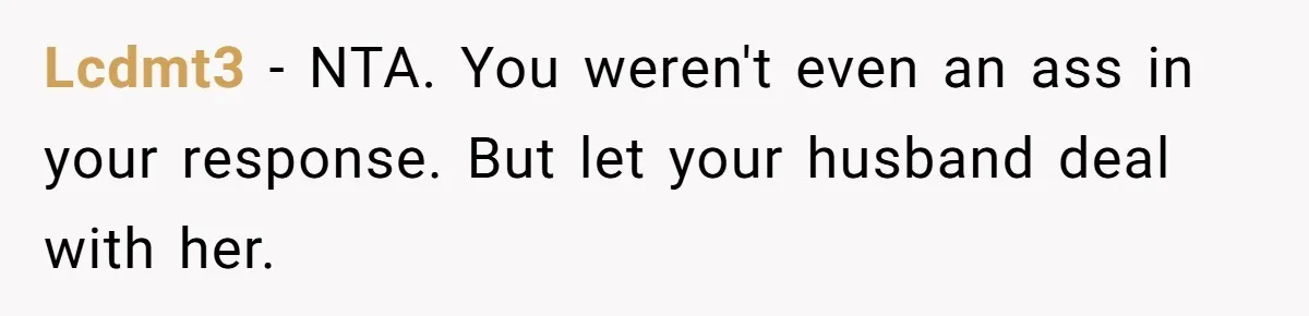 Lcdmt3 − NTA. You weren't even an ass in your response. But let your husband deal with her.