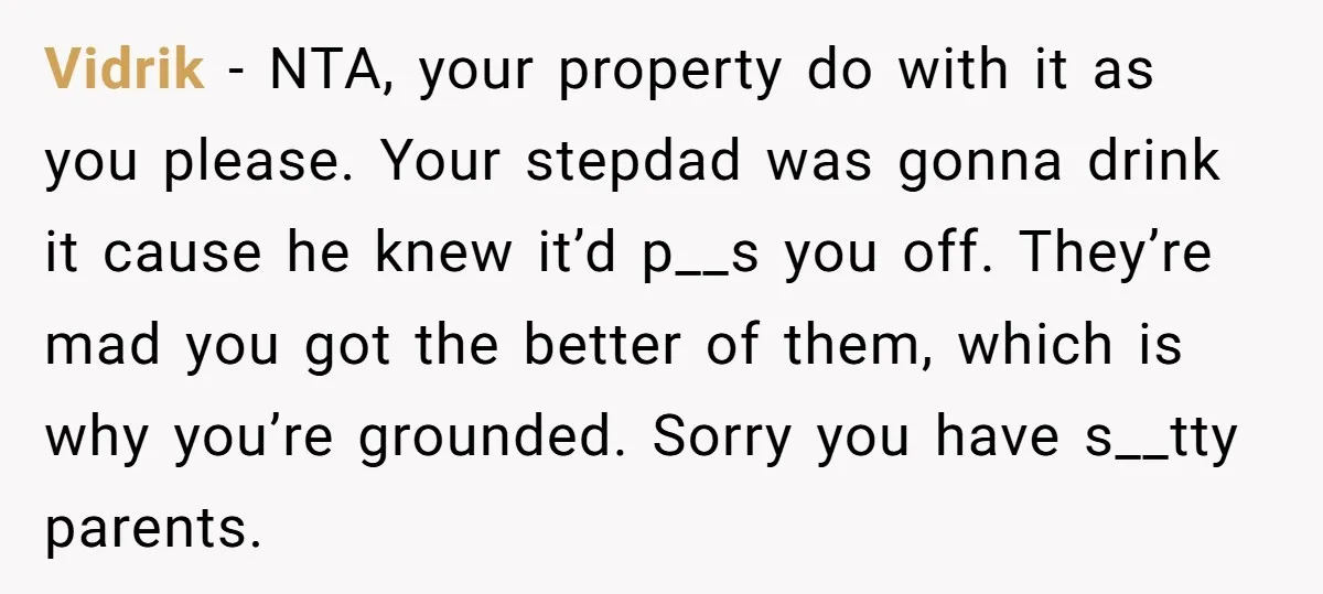 Vidrik − NTA, your property do with it as you please. Your stepdad was gonna drink it cause he knew it’d p__s you off. They’re mad you got the better...