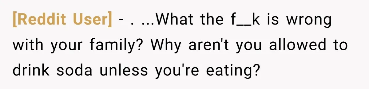 [Reddit User] − . ...What the f__k is wrong with your family? Why aren't you allowed to drink soda unless you're eating?
