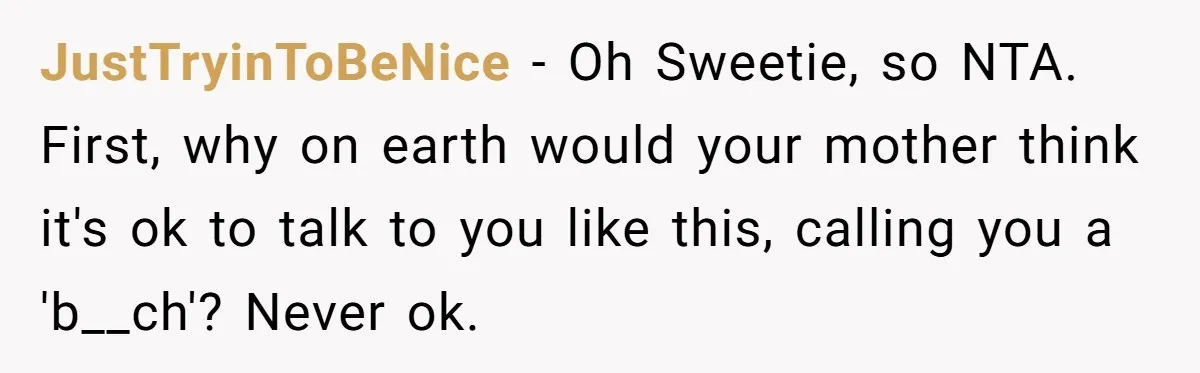 JustTryinToBeNice − Oh Sweetie, so NTA. First, why on earth would your mother think it's ok to talk to you like this, calling you a 'b__ch'? Never ok.