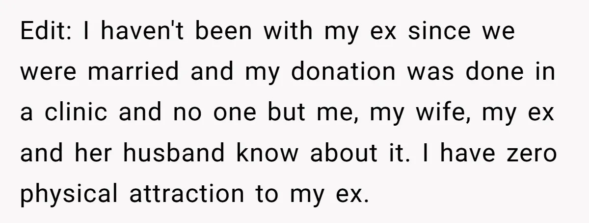 Edit: I haven't been with my ex since we were married and my donation was done in a clinic and no one but me, my wife, my ex and her...