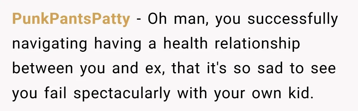 PunkPantsPatty − Oh man, you successfully navigating having a health relationship between you and ex, that it's so sad to see you fail spectacularly with your own kid.