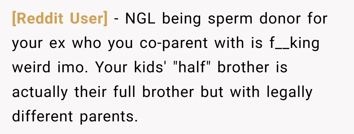[Reddit User] − NGL being sperm donor for your ex who you co-parent with is f__king weird imo. Your kids' "half" brother is actually their full brother but with legally...