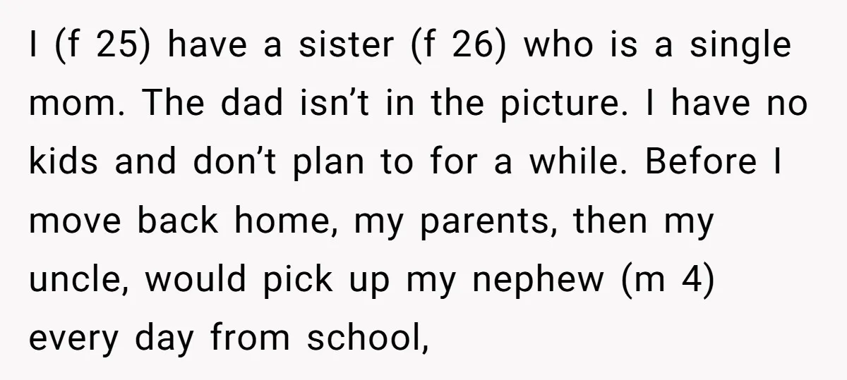 I (f 25) have a sister (f 26) who is a single mom. The dad isn’t in the picture. I have no kids and don’t plan to for a while....