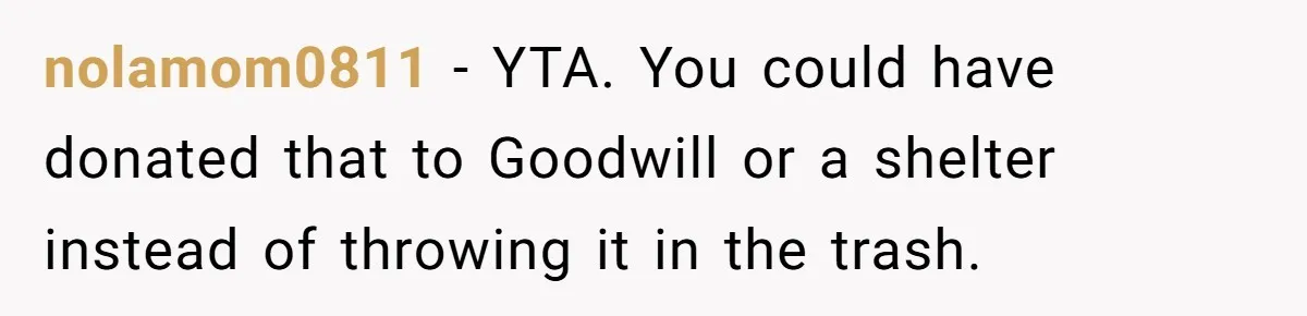 nolamom0811 − YTA. You could have donated that to Goodwill or a shelter instead of throwing it in the trash.