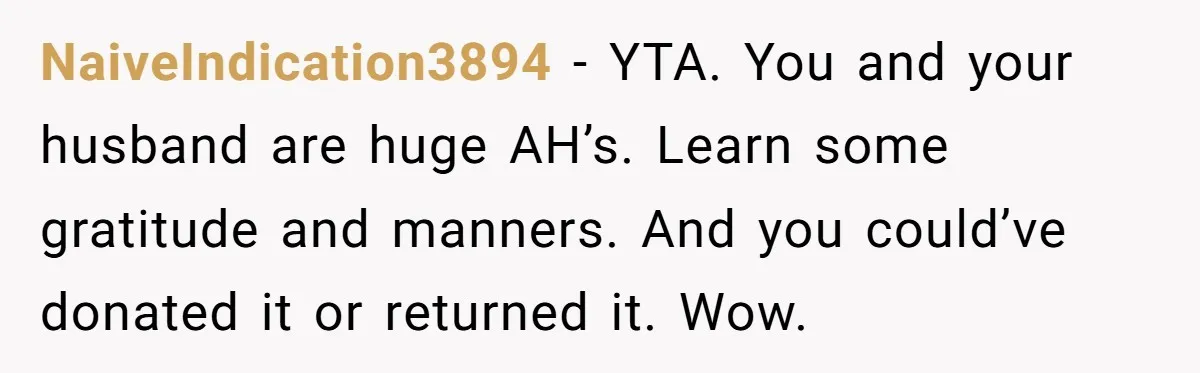NaiveIndication3894 − YTA. You and your husband are huge AH’s. Learn some gratitude and manners. And you could’ve donated it or returned it. Wow.