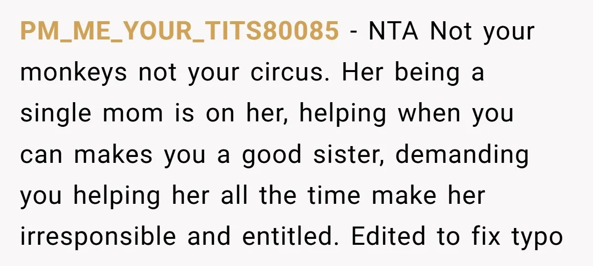 PM_ME_YOUR_TITS80085 − NTA Not your monkeys not your circus. Her being a single mom is on her, helping when you can makes you a good sister, demanding you helping her...