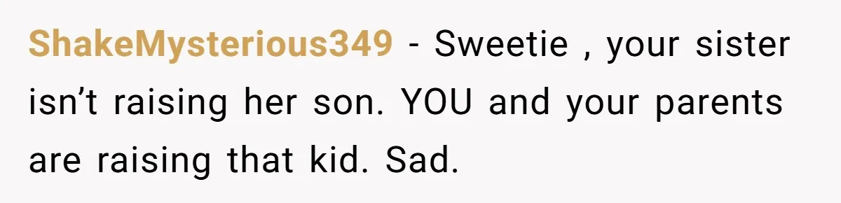 ShakeMysterious349 − Sweetie , your sister isn’t raising her son. YOU and your parents are raising that kid. Sad.
