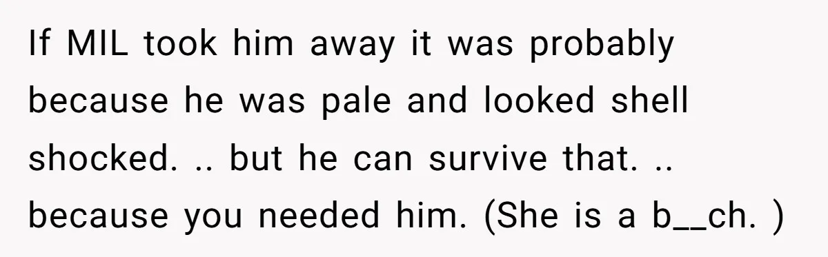 If MIL took him away it was probably because he was pale and looked shell shocked. .. but he can survive that. .. because you needed him. (She is a...