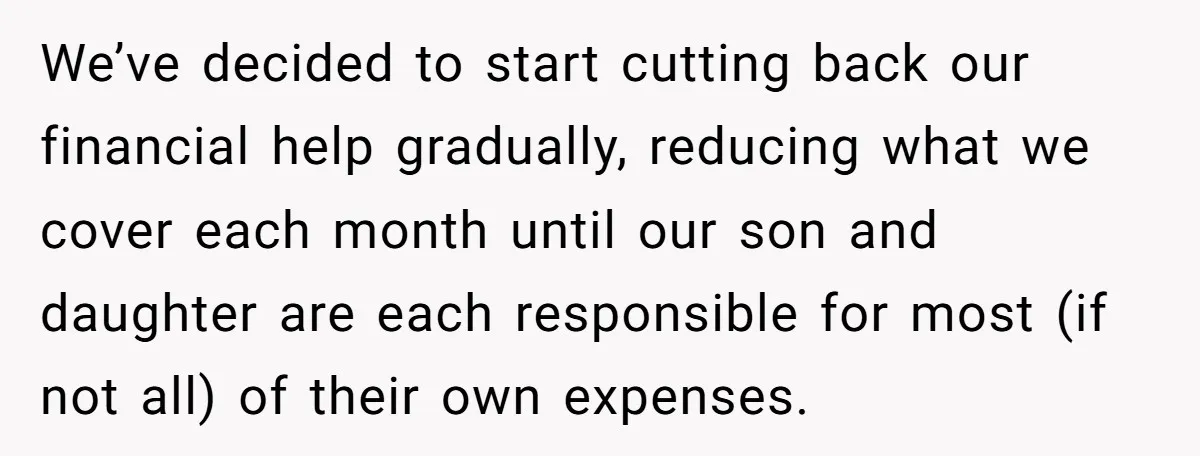 We’ve decided to start cutting back our financial help gradually, reducing what we cover each month until our son and daughter are each responsible for most (if not all) of...