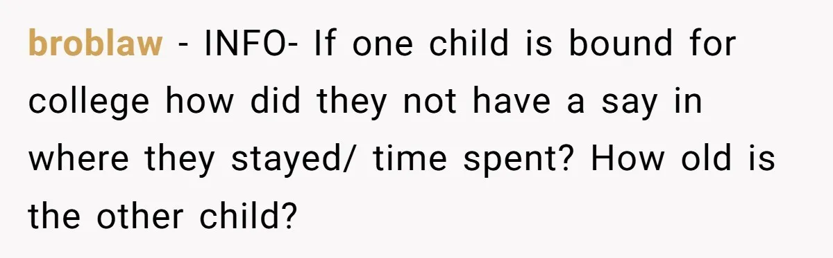 broblaw − INFO- If one child is bound for college how did they not have a say in where they stayed/ time spent? How old is the other child?