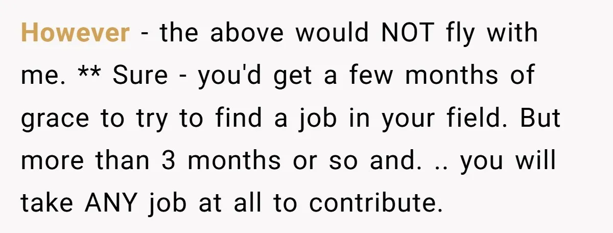 However - the above would NOT fly with me. ** Sure - you'd get a few months of grace to try to find a job in your field. But more...
