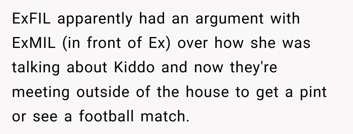 ExFIL apparently had an argument with ExMIL (in front of Ex) over how she was talking about Kiddo and now they're meeting outside of the house to get a pint...