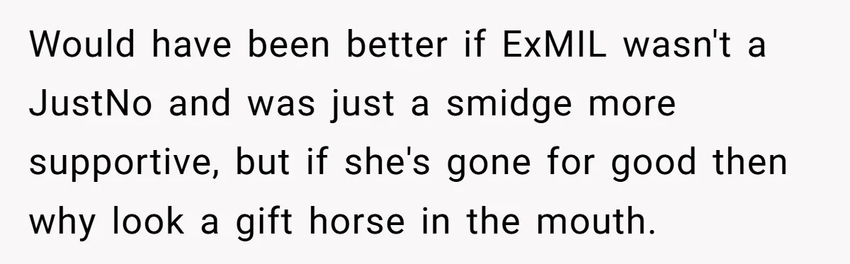 Would have been better if ExMIL wasn't a JustNo and was just a smidge more supportive, but if she's gone for good then why look a gift horse in the...