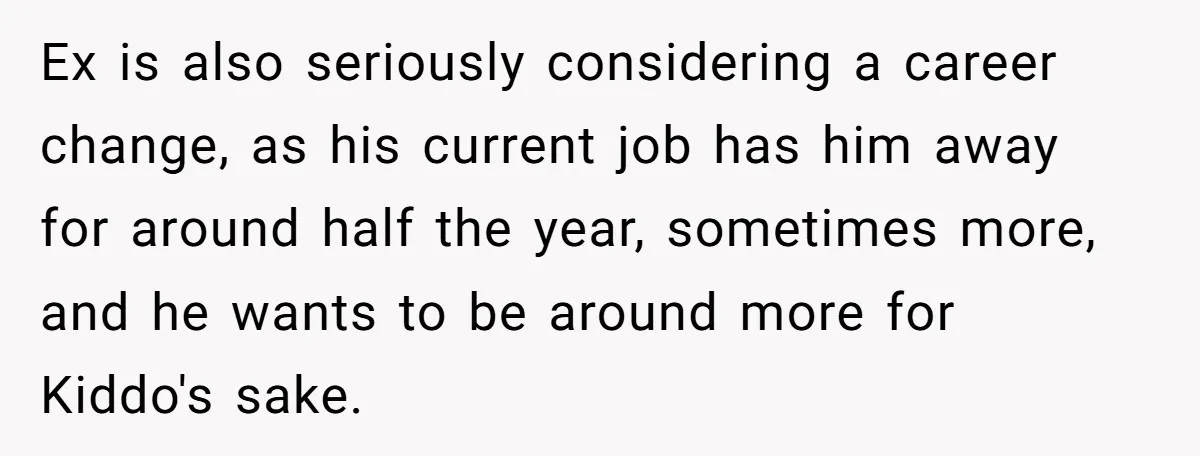 Ex is also seriously considering a career change, as his current job has him away for around half the year, sometimes more, and he wants to be around more for...