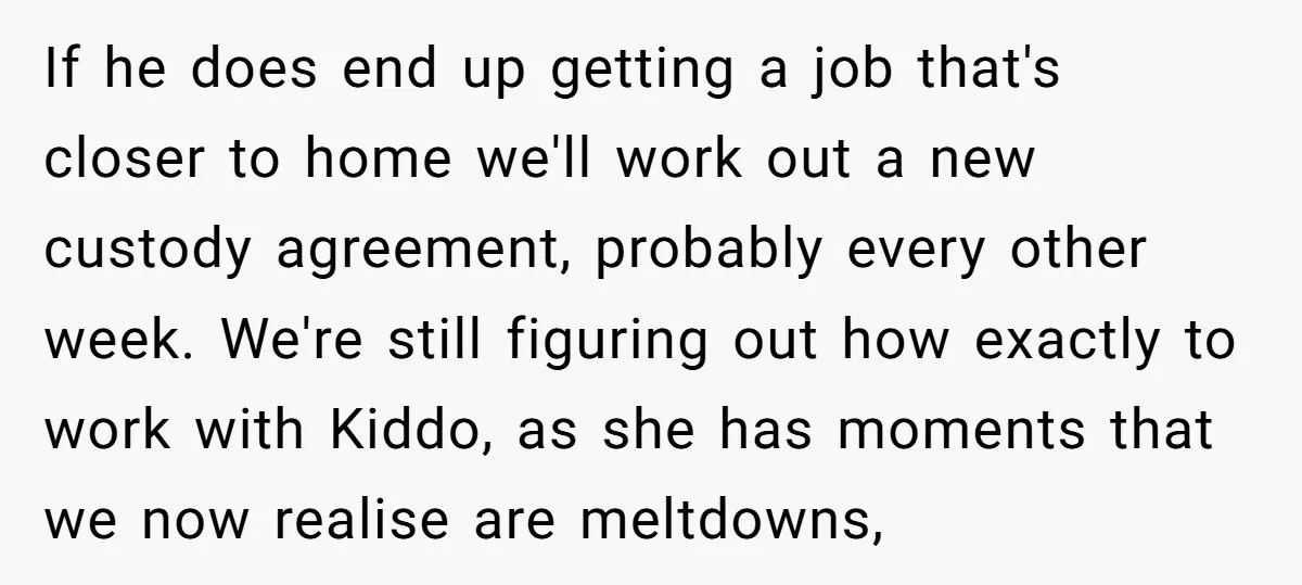 If he does end up getting a job that's closer to home we'll work out a new custody agreement, probably every other week. We're still figuring out how exactly to...