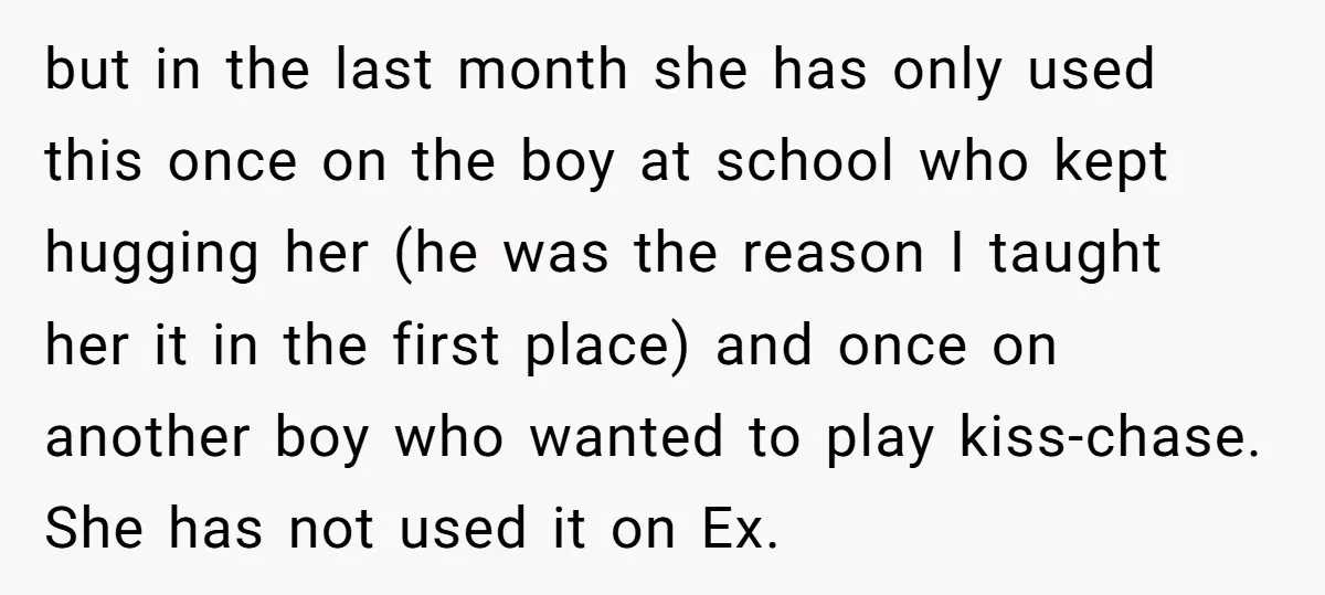 but in the last month she has only used this once on the boy at school who kept hugging her (he was the reason I taught her it in the...