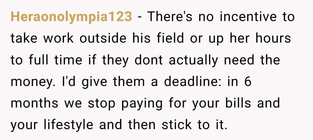 Heraonolympia123 − There's no incentive to take work outside his field or up her hours to full time if they dont actually need the money. I'd give them a deadline:...