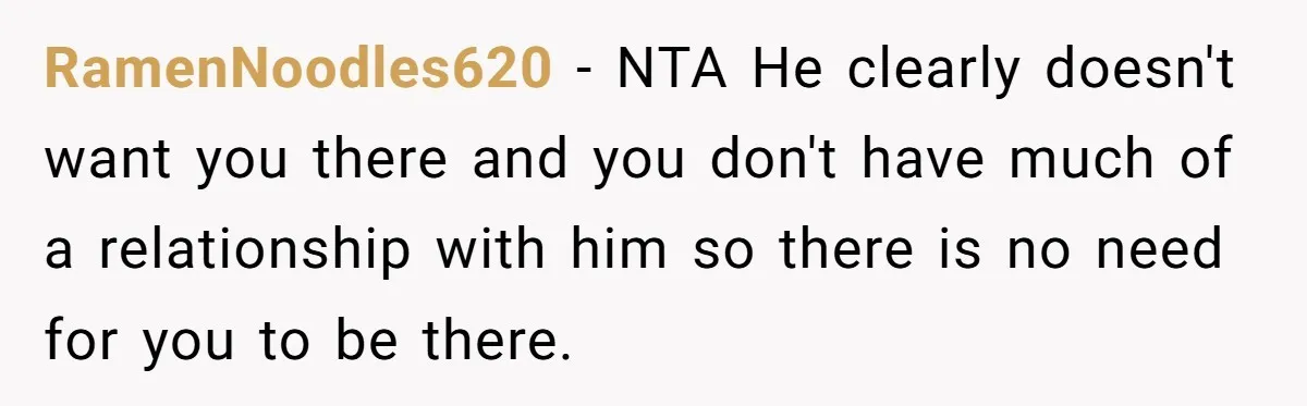RamenNoodles620 − NTA He clearly doesn't want you there and you don't have much of a relationship with him so there is no need for you to be there.