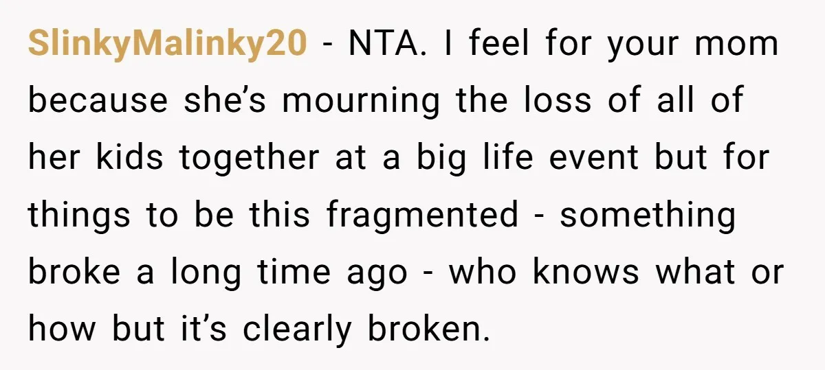SlinkyMalinky20 − NTA. I feel for your mom because she’s mourning the loss of all of her kids together at a big life event but for things to be this...
