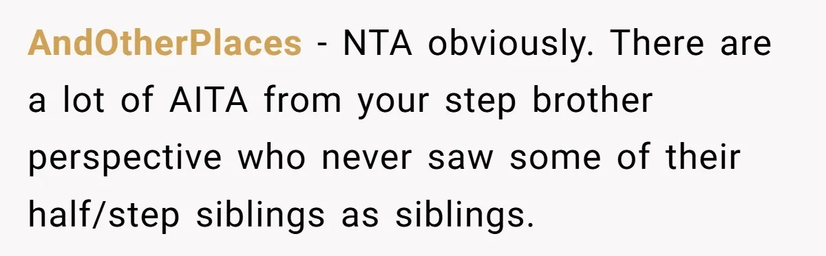 AndOtherPlaces − NTA obviously. There are a lot of AITA from your step brother perspective who never saw some of their half/step siblings as siblings.