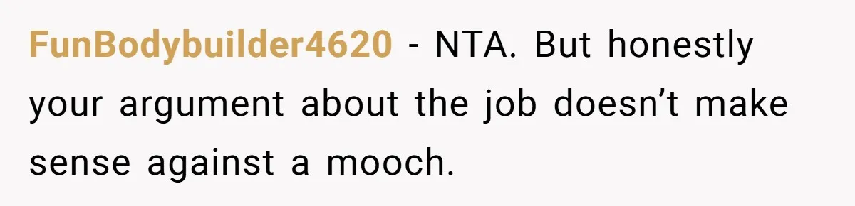 FunBodybuilder4620 − NTA. But honestly your argument about the job doesn’t make sense against a mooch.