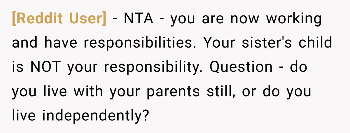 [Reddit User] − NTA - you are now working and have responsibilities. Your sister's child is NOT your responsibility. Question - do you live with your parents still, or do...