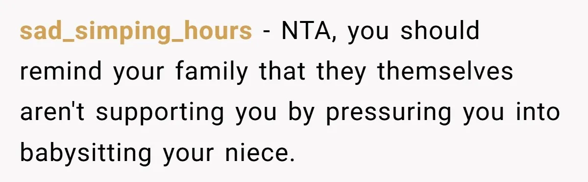 sad_simping_hours − NTA, you should remind your family that they themselves aren't supporting you by pressuring you into babysitting your niece.