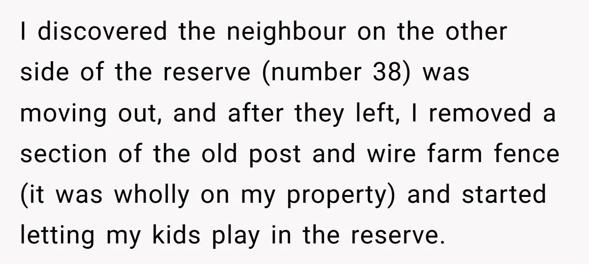 I discovered the neighbour on the other side of the reserve (number 38) was moving out, and after they left, I removed a section of the old post and wire...