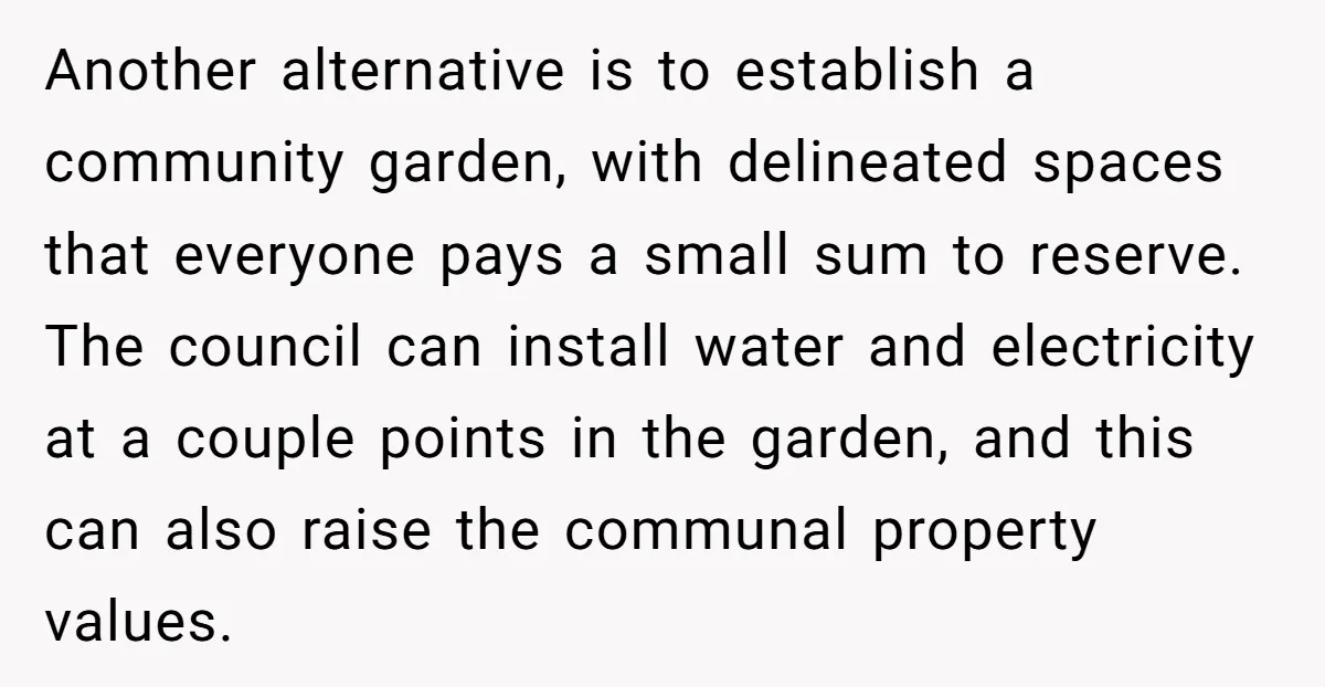 Another alternative is to establish a community garden, with delineated spaces that everyone pays a small sum to reserve. The council can install water and electricity at a couple points...