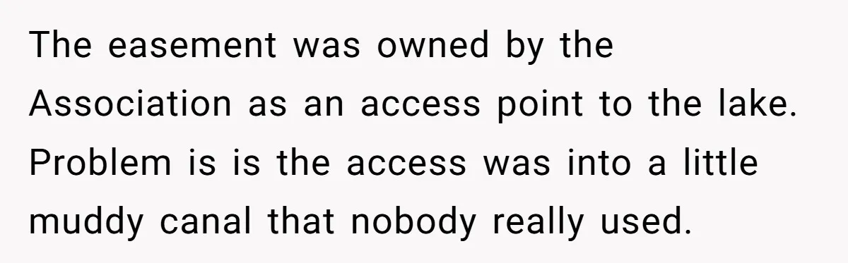 The easement was owned by the Association as an access point to the lake. Problem is is the access was into a little muddy canal that nobody really used.