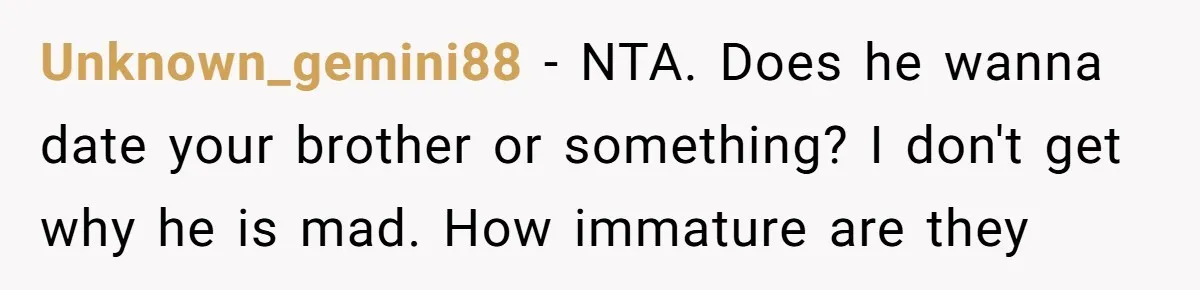 Unknown_gemini88 - NTA. Does he wanna date your brother or something? I don't get why he is mad. How immature are they