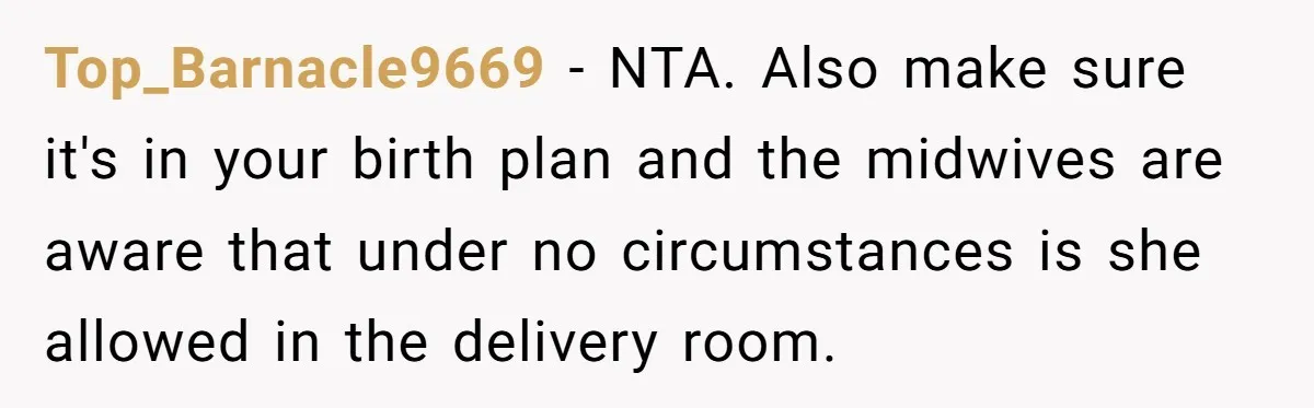 Top_Barnacle9669 − NTA. Also make sure it's in your birth plan and the midwives are aware that under no circumstances is she allowed in the delivery room.