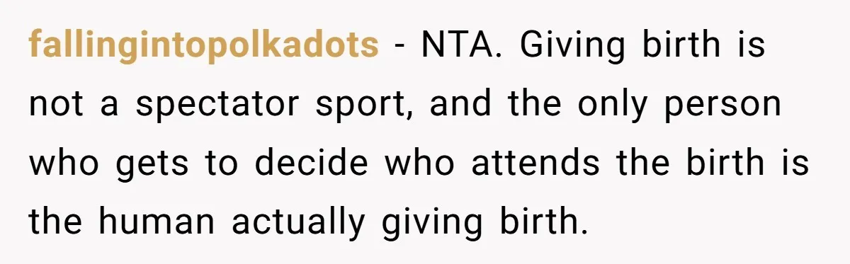 fallingintopolkadots − NTA. Giving birth is not a spectator sport, and the only person who gets to decide who attends the birth is the human actually giving birth.