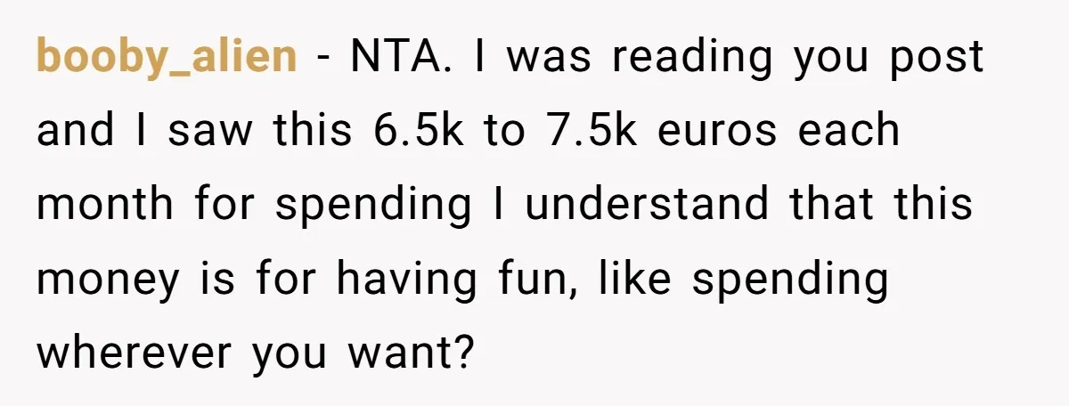 booby_alien − NTA. I was reading you post and I saw this 6.5k to 7.5k euros each month for spending I understand that this money is for having fun, like...