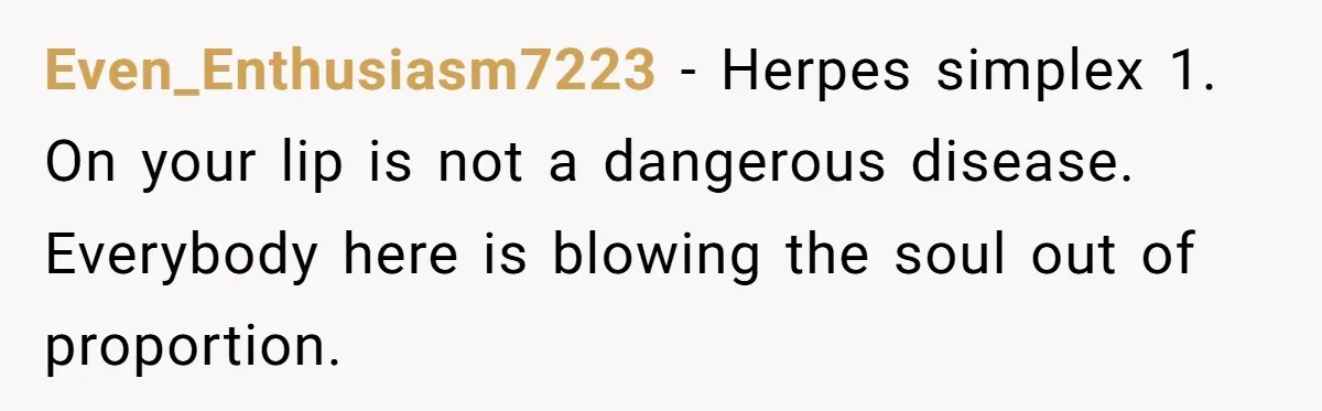 Even_Enthusiasm7223 − Herpes simplex 1. On your lip is not a dangerous disease. Everybody here is blowing the soul out of proportion.
