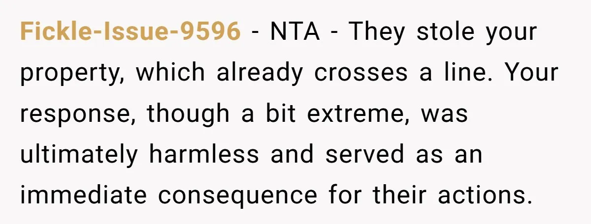 Fickle-Issue-9596 − NTA - They stole your property, which already crosses a line. Your response, though a bit extreme, was ultimately harmless and served as an immediate consequence for their...