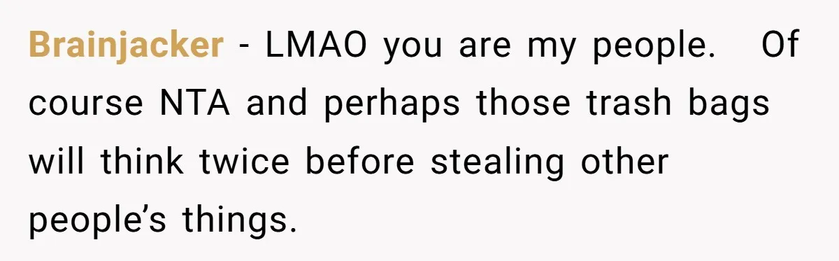 Brainjacker − LMAO you are my people.   Of course NTA and perhaps those trash bags will think twice before stealing other people’s things.