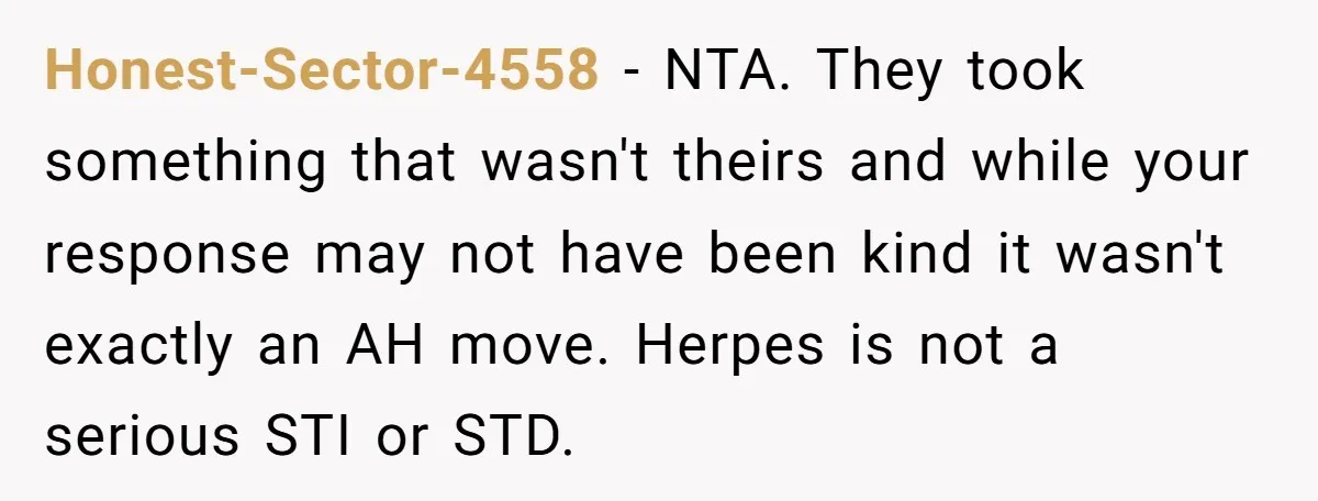Honest-Sector-4558 − NTA. They took something that wasn't theirs and while your response may not have been kind it wasn't exactly an AH move. Herpes is not a serious STI...