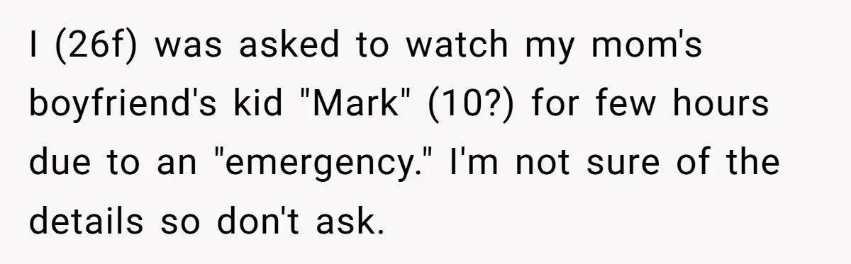 I (26f) was asked to watch my mom's boyfriend's kid "Mark" (10?) for few hours due to an "emergency." I'm not sure of the details so don't ask.