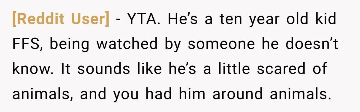 [Reddit User] − YTA. He’s a ten year old kid FFS, being watched by someone he doesn’t know. It sounds like he’s a little scared of animals, and you had...