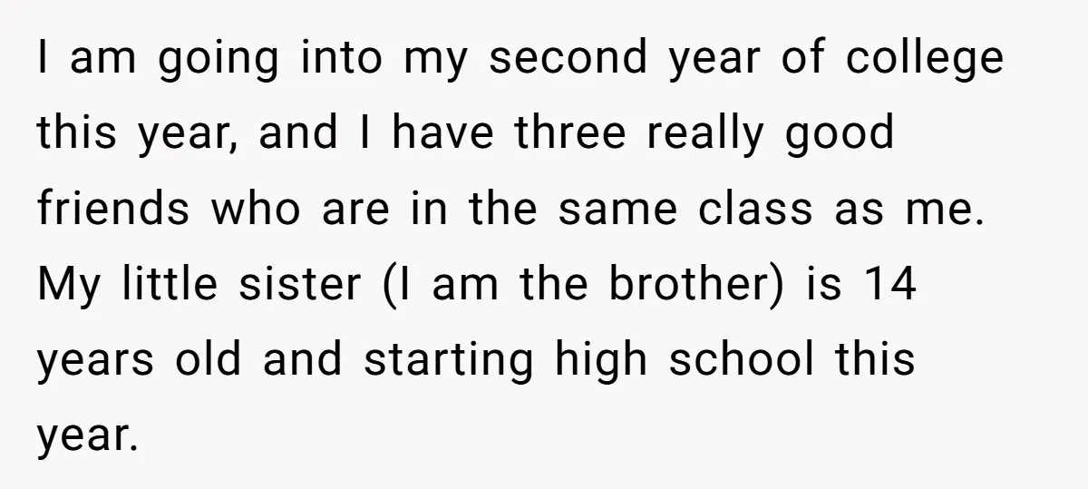 I am going into my second year of college this year, and I have three really good friends who are in the same class as me. My little sister (I...