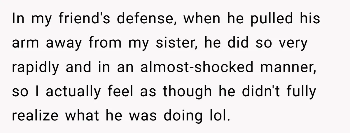 In my friend's defense, when he pulled his arm away from my sister, he did so very rapidly and in an almost-shocked manner, so I actually feel as though he...