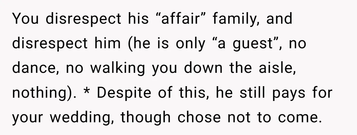 You disrespect his “affair” family, and disrespect him (he is only “a guest”, no dance, no walking you down the aisle, nothing). * Despite of this, he still pays for...