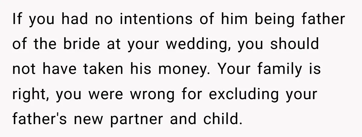 If you had no intentions of him being father of the bride at your wedding, you should not have taken his money. Your family is right, you were wrong for...