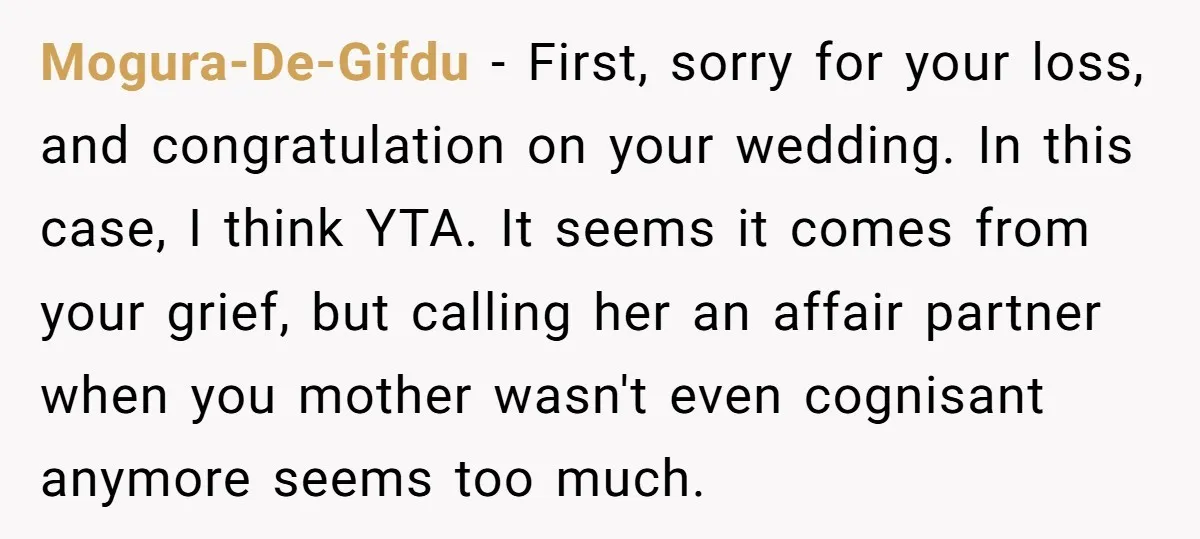 Mogura-De-Gifdu − First, sorry for your loss, and congratulation on your wedding. In this case, I think YTA. It seems it comes from your grief, but calling her an affair...